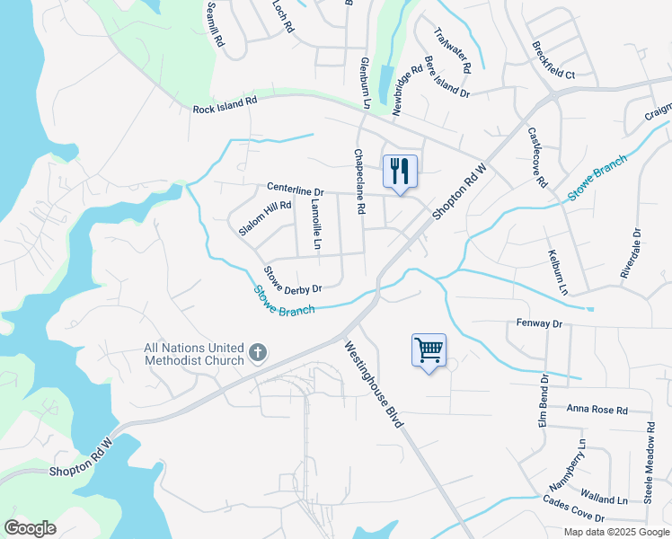 map of restaurants, bars, coffee shops, grocery stores, and more near 5018 Stowe Derby Drive in Charlotte