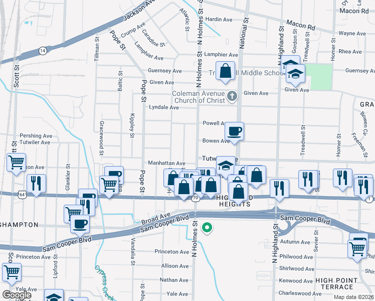 map of restaurants, bars, coffee shops, grocery stores, and more near 742 Atlantic Street in Memphis