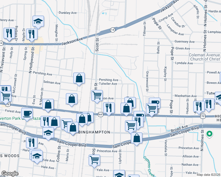 map of restaurants, bars, coffee shops, grocery stores, and more near 737 Lester Street in Memphis