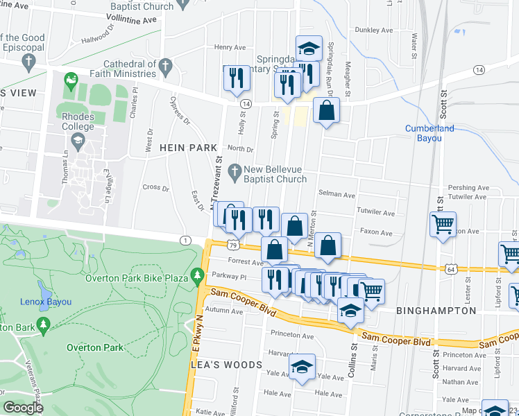 map of restaurants, bars, coffee shops, grocery stores, and more near 622 Spring Street in Memphis