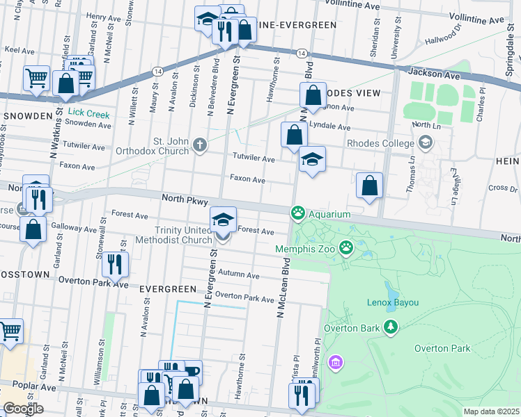 map of restaurants, bars, coffee shops, grocery stores, and more near 1773 North Parkway in Memphis