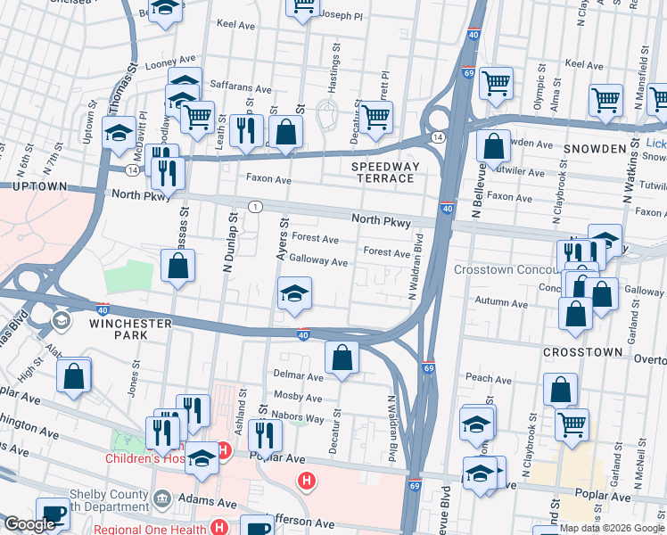 map of restaurants, bars, coffee shops, grocery stores, and more near 971 Galloway Avenue in Memphis