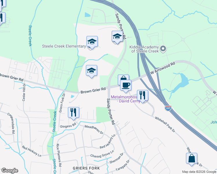 map of restaurants, bars, coffee shops, grocery stores, and more near Sandy Porter Rd & Brown Grier Rd in Charlotte