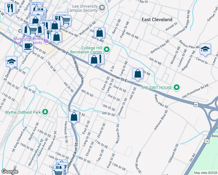 map of restaurants, bars, coffee shops, grocery stores, and more near 255 Lang Street Southeast in Cleveland