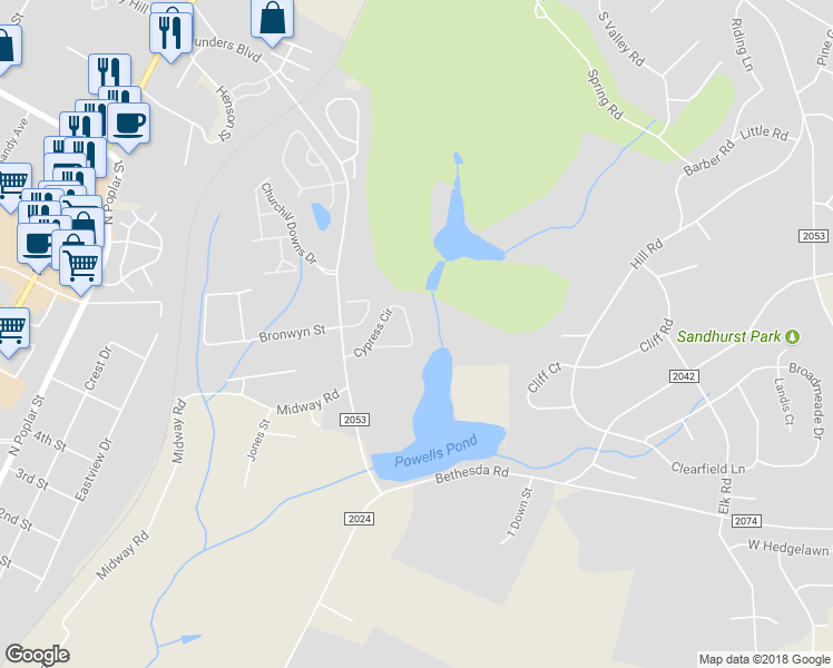map of restaurants, bars, coffee shops, grocery stores, and more near 92 Cypress Circle in Southern Pines