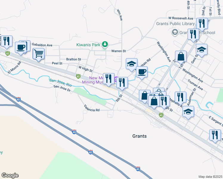 map of restaurants, bars, coffee shops, grocery stores, and more near 601 West Santa Fe Avenue in Grants