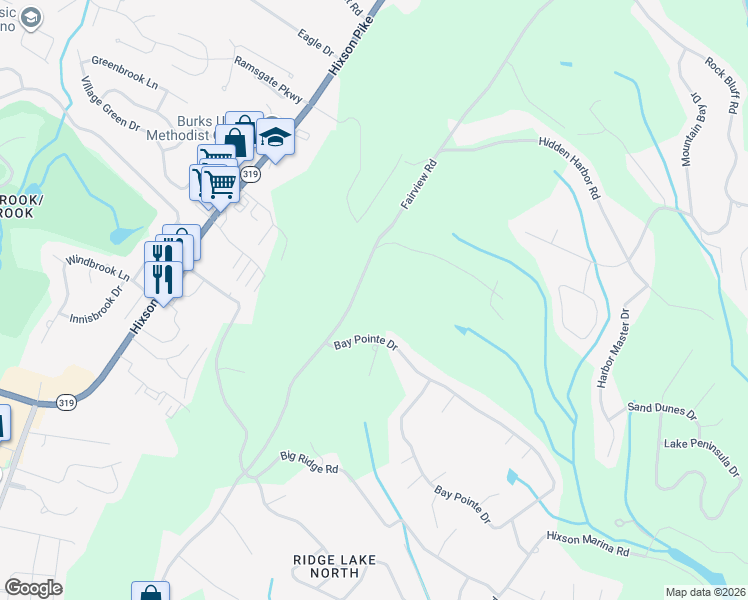 map of restaurants, bars, coffee shops, grocery stores, and more near 6514 Fairview Road in Chattanooga