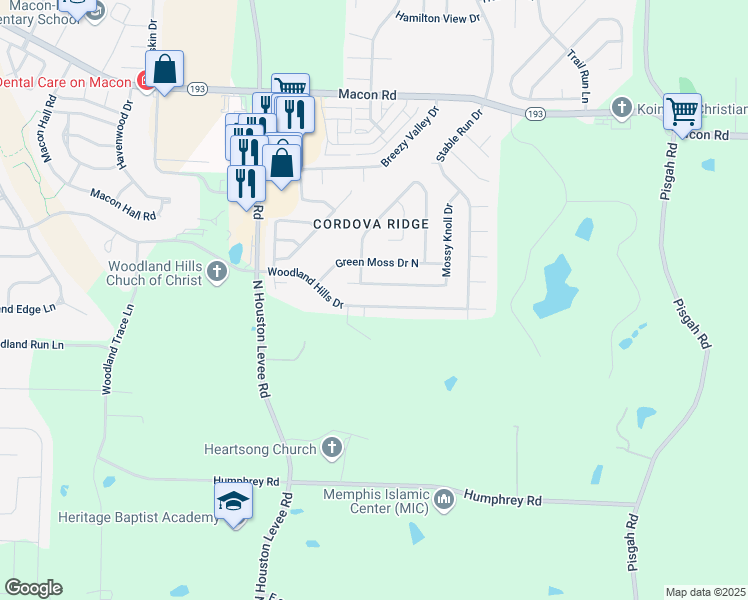 map of restaurants, bars, coffee shops, grocery stores, and more near 10209 Woodland Hills Drive in Shelby County