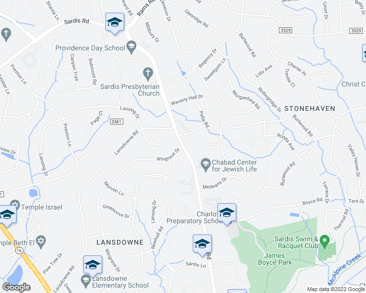 map of restaurants, bars, coffee shops, grocery stores, and more near Sardis Rd & Wingrave Dr in Charlotte