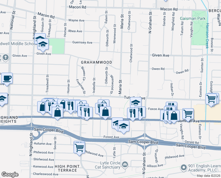 map of restaurants, bars, coffee shops, grocery stores, and more near 762 Wrenwood Lane in Memphis