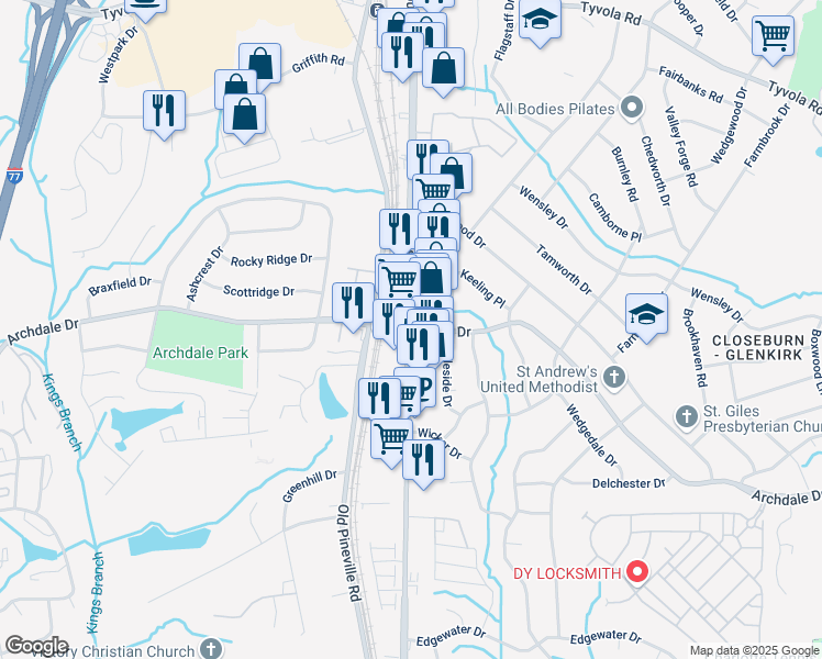 map of restaurants, bars, coffee shops, grocery stores, and more near South Blvd & Archdale Dr in Charlotte