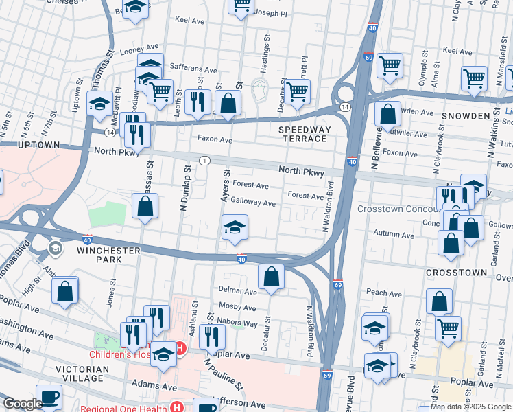 map of restaurants, bars, coffee shops, grocery stores, and more near 971 Galloway Avenue in Memphis