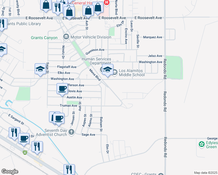 map of restaurants, bars, coffee shops, grocery stores, and more near 1033 Mesa Boulevard in Grants