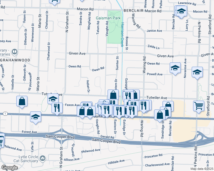 map of restaurants, bars, coffee shops, grocery stores, and more near 778 Vaughn Road in Memphis