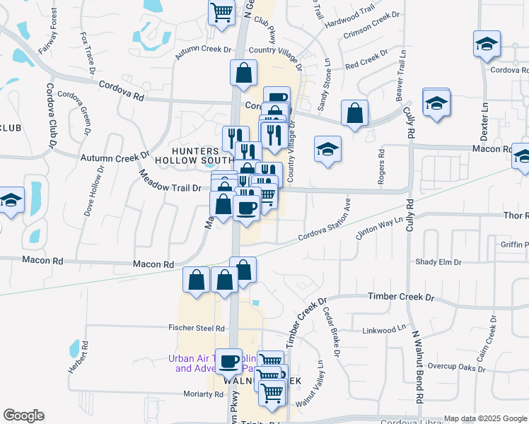 map of restaurants, bars, coffee shops, grocery stores, and more near 8100 Macon Station in Memphis