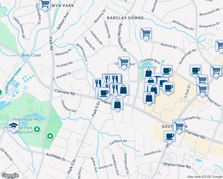 map of restaurants, bars, coffee shops, grocery stores, and more near 4620 Piedmont Row Drive in Charlotte