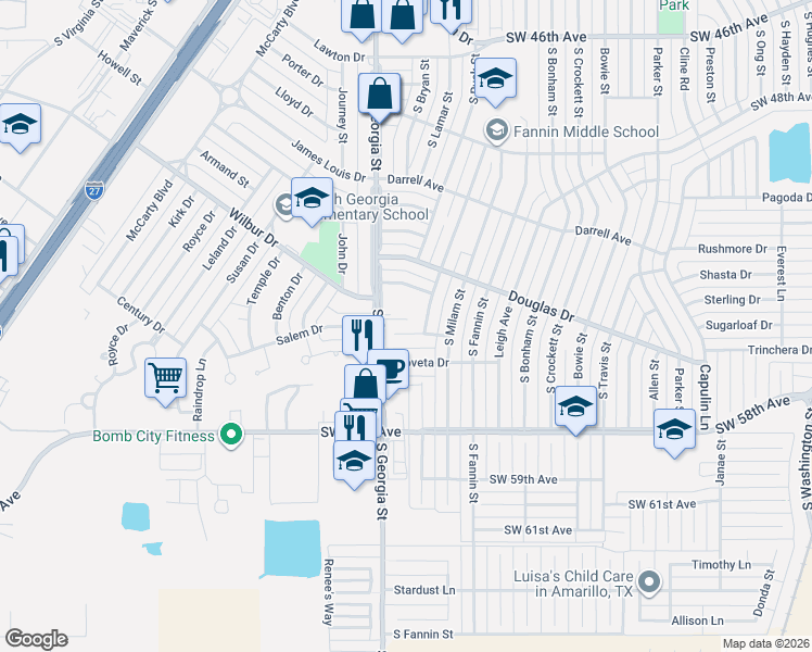 map of restaurants, bars, coffee shops, grocery stores, and more near 2206 South Austin Street in Amarillo