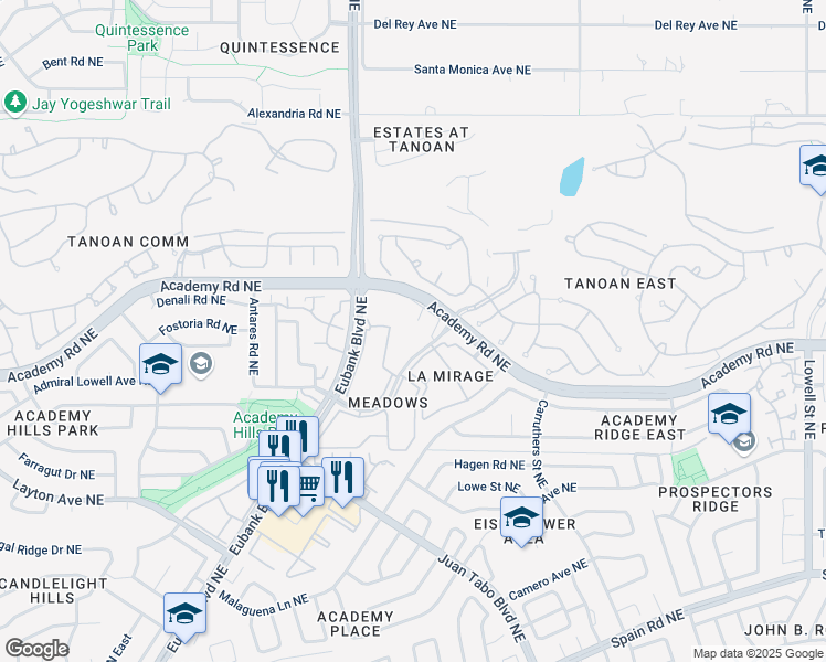 map of restaurants, bars, coffee shops, grocery stores, and more near 10500 Academy Road Northeast in Albuquerque