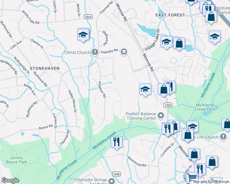 map of restaurants, bars, coffee shops, grocery stores, and more near 6332 Round Hill Road in Charlotte