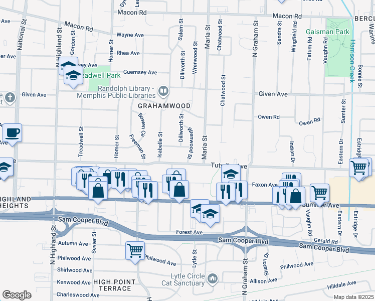 map of restaurants, bars, coffee shops, grocery stores, and more near 762 Wrenwood Lane in Memphis