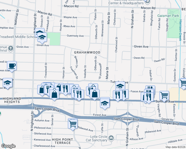 map of restaurants, bars, coffee shops, grocery stores, and more near 3808 Tutwiler Avenue in Memphis