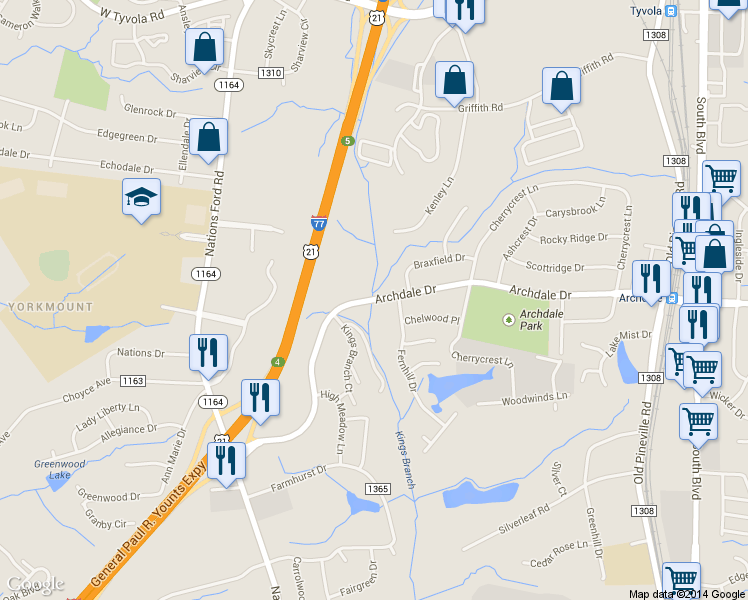 map of restaurants, bars, coffee shops, grocery stores, and more near 640 Archdale Drive in Charlotte