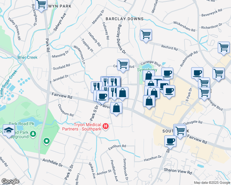 map of restaurants, bars, coffee shops, grocery stores, and more near 4625 Bulfinch Road in Charlotte