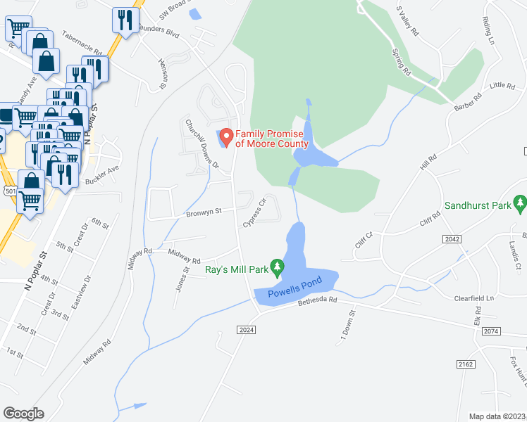 map of restaurants, bars, coffee shops, grocery stores, and more near 29 Cypress Circle in Southern Pines