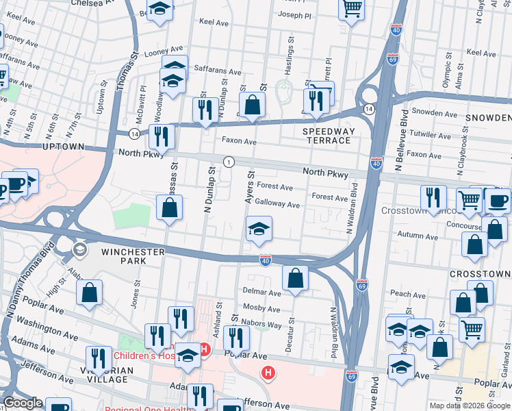 map of restaurants, bars, coffee shops, grocery stores, and more near 925 Galloway Avenue in Memphis