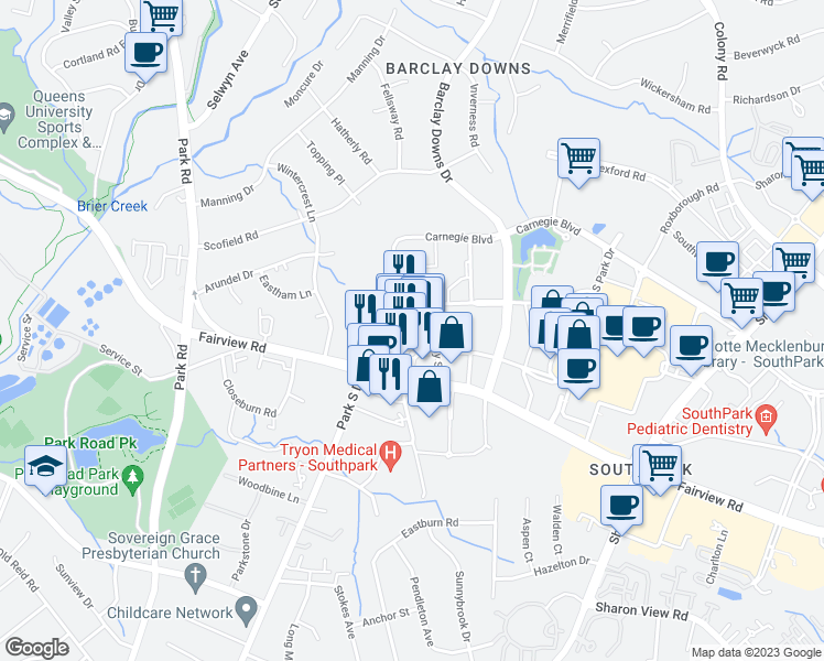 map of restaurants, bars, coffee shops, grocery stores, and more near 4625 Bulfinch Road in Charlotte