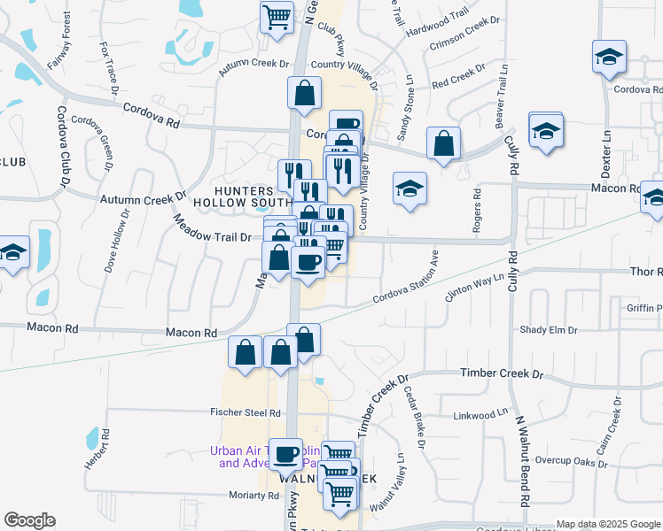 map of restaurants, bars, coffee shops, grocery stores, and more near 8100 Macon Station in Memphis