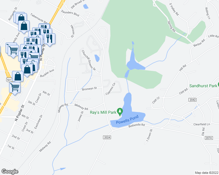 map of restaurants, bars, coffee shops, grocery stores, and more near 22 Cypress Circle in Southern Pines