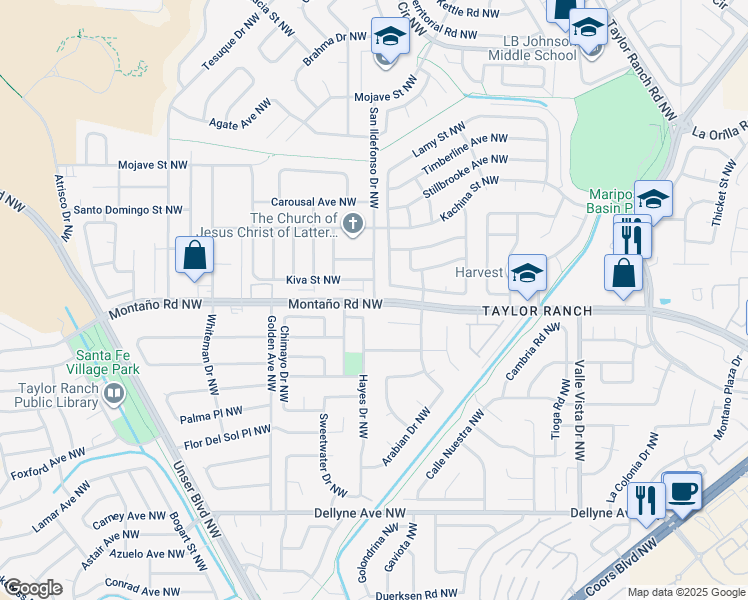 map of restaurants, bars, coffee shops, grocery stores, and more near 3265 San Ildefonso Drive Northwest in Albuquerque
