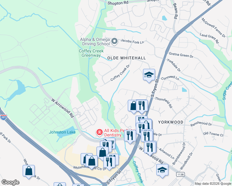map of restaurants, bars, coffee shops, grocery stores, and more near 2538 Thornfield Road in Charlotte