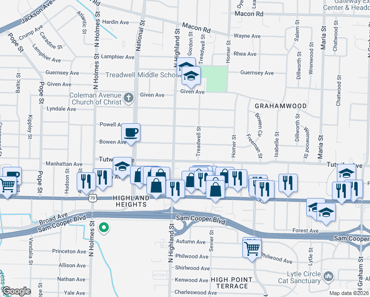 map of restaurants, bars, coffee shops, grocery stores, and more near 3534 Tutwiler Avenue in Memphis