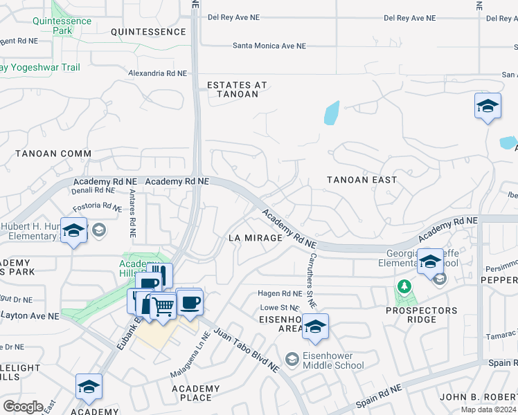 map of restaurants, bars, coffee shops, grocery stores, and more near 14 Rolling Hills Road Northeast in Albuquerque