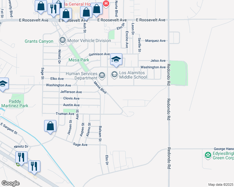 map of restaurants, bars, coffee shops, grocery stores, and more near 1033-1159 Mesa Blvd in Grants