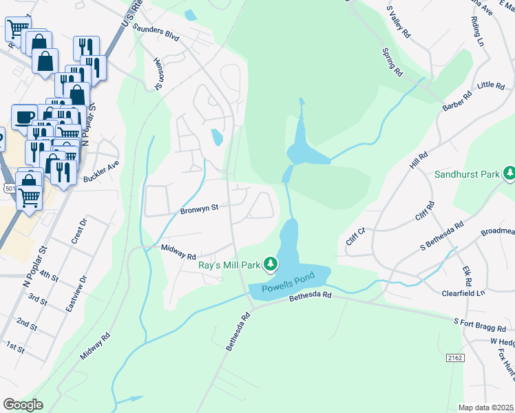 map of restaurants, bars, coffee shops, grocery stores, and more near 14 Cypress Circle in Southern Pines