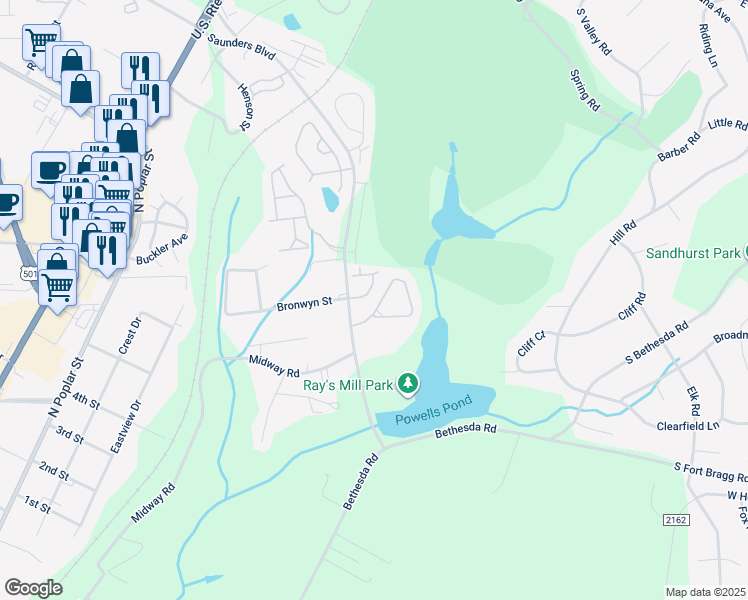 map of restaurants, bars, coffee shops, grocery stores, and more near 24 Cypress Circle in Southern Pines
