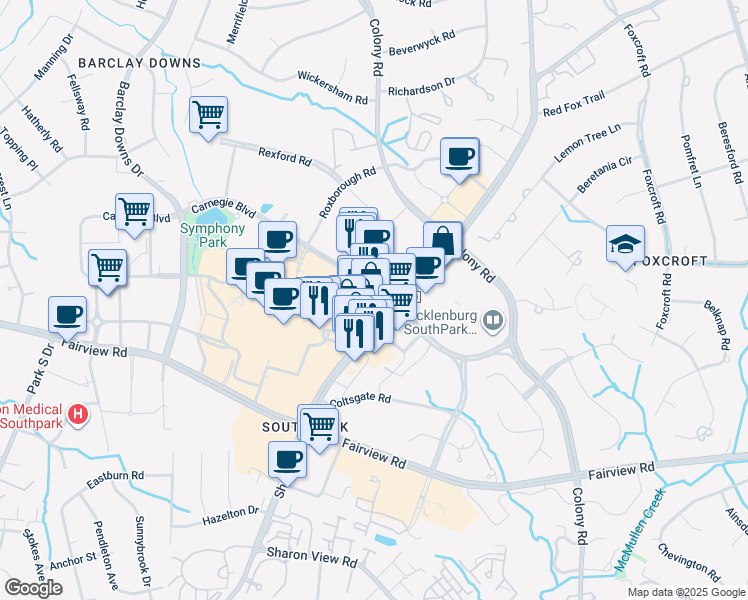 map of restaurants, bars, coffee shops, grocery stores, and more near 4310 Sharon Road in Charlotte