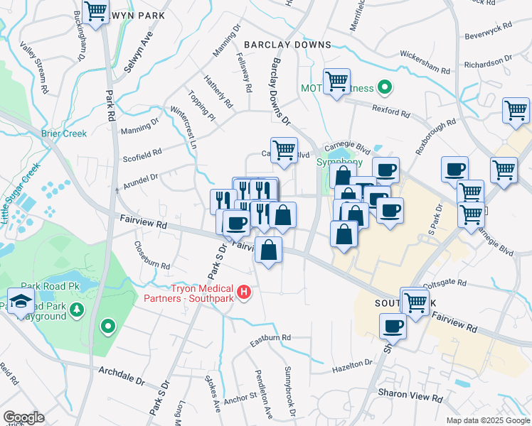 map of restaurants, bars, coffee shops, grocery stores, and more near 4625 Bulfinch Road in Charlotte