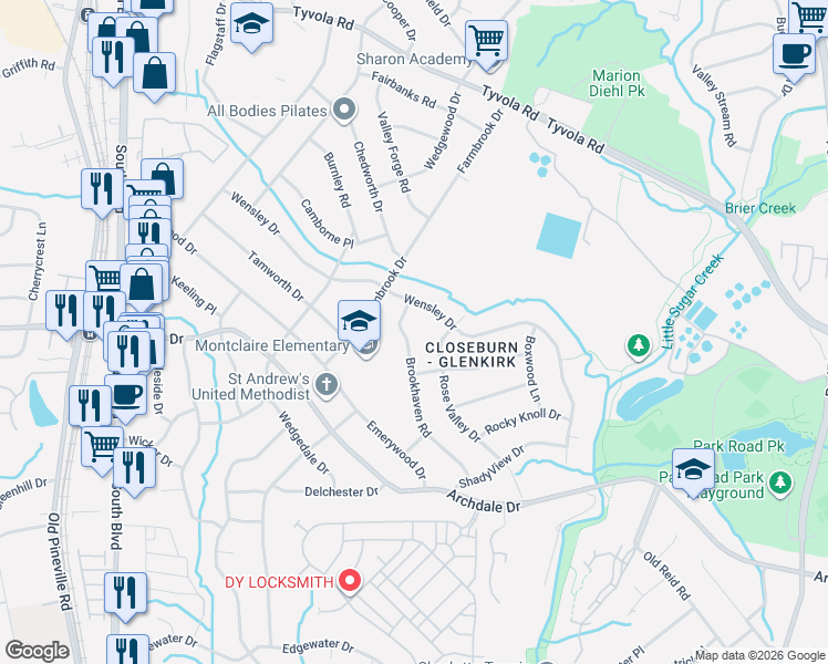 map of restaurants, bars, coffee shops, grocery stores, and more near 5809 Brookhaven Road in Charlotte