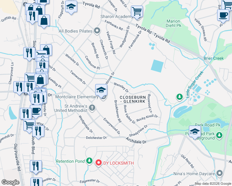 map of restaurants, bars, coffee shops, grocery stores, and more near 5809 Brookhaven Road in Charlotte