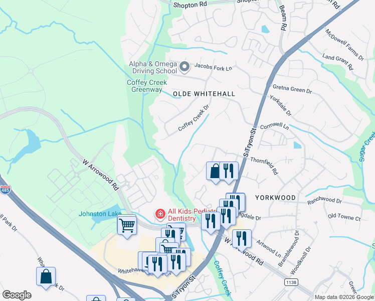 map of restaurants, bars, coffee shops, grocery stores, and more near 2538 Thornfield Road in Charlotte