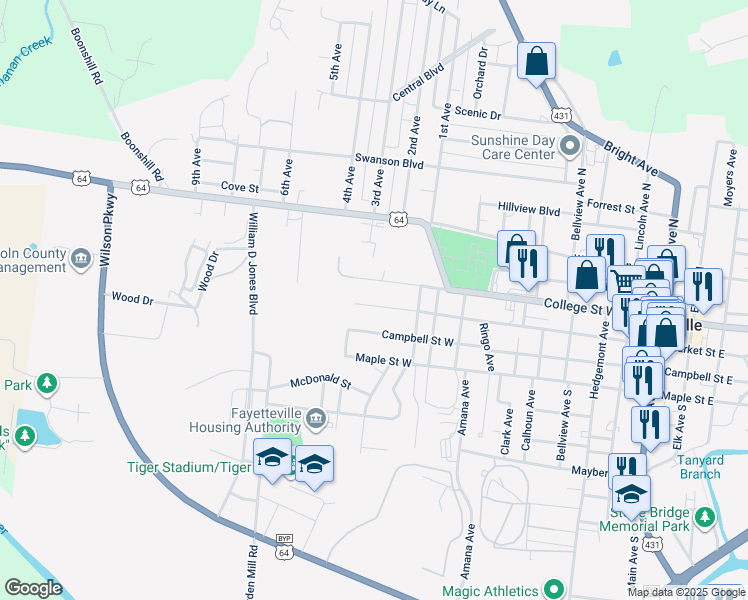 map of restaurants, bars, coffee shops, grocery stores, and more near 1004 Market Street West in Fayetteville