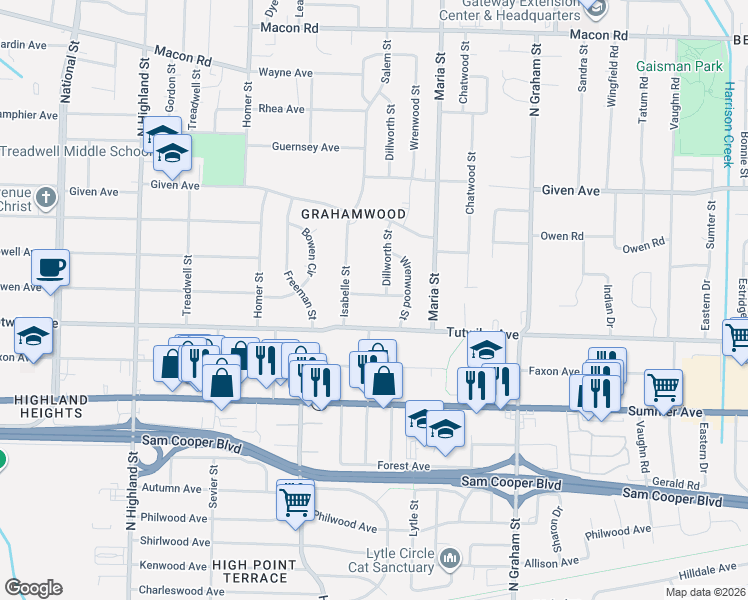 map of restaurants, bars, coffee shops, grocery stores, and more near 3808 Tutwiler Avenue in Memphis