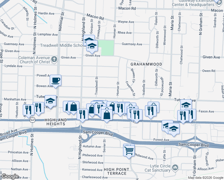 map of restaurants, bars, coffee shops, grocery stores, and more near 3626 Tutwiler Avenue in Memphis