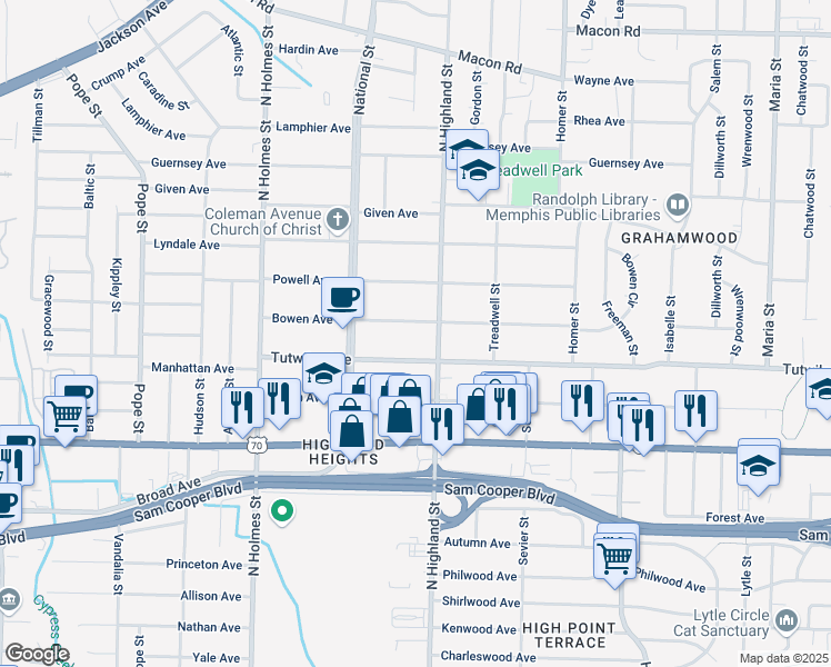 map of restaurants, bars, coffee shops, grocery stores, and more near 3450 Tutwiler Avenue in Memphis