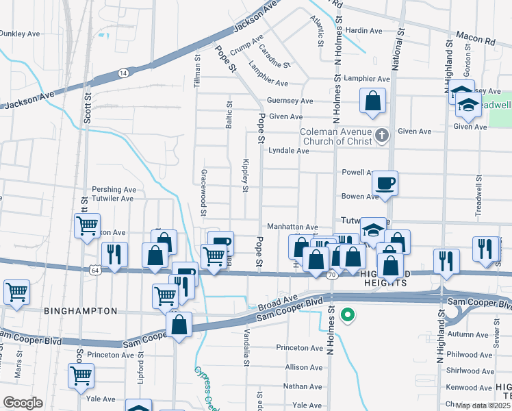 map of restaurants, bars, coffee shops, grocery stores, and more near 746 Kippley Street in Memphis
