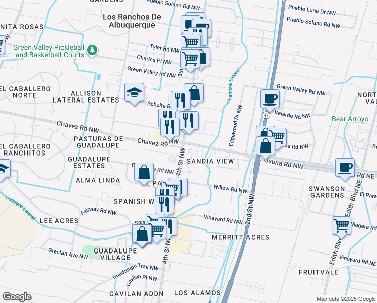 map of restaurants, bars, coffee shops, grocery stores, and more near 350 Osuna Road Northwest in Los Ranchos de Albuquerque